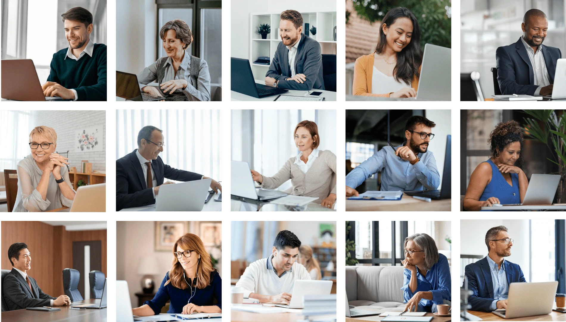 Collage of leadership coaching moments, featuring professionals in one-on-one and team coaching settings across various organisational contexts